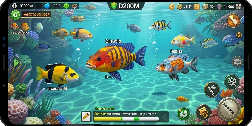 Tampilan gameplay seru saat menangkap ikan di D200M.