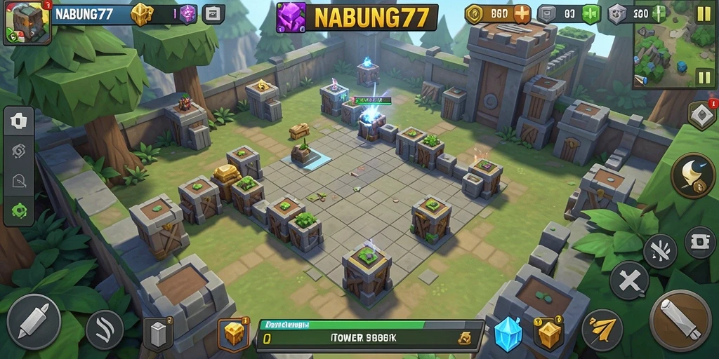 Tampilan menara dan strategi dalam gameplay Tower Defense yang seru.