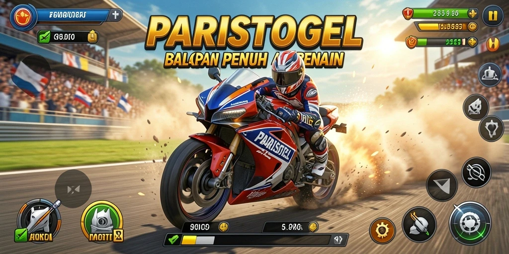 Tangkapan layar utama PARISTOGEL menunjukkan aksi balapan motor yang mendebarkan.