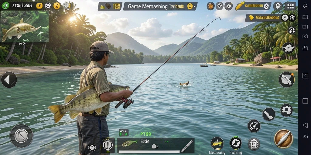 Screenshot PT89 menampilkan pemain yang sedang memancing di laut dengan grafik yang indah.
