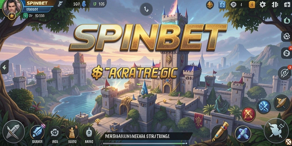 Screenshot gameplay SPINBET menunjukkan menara bertahan melawan gelombang musuh.