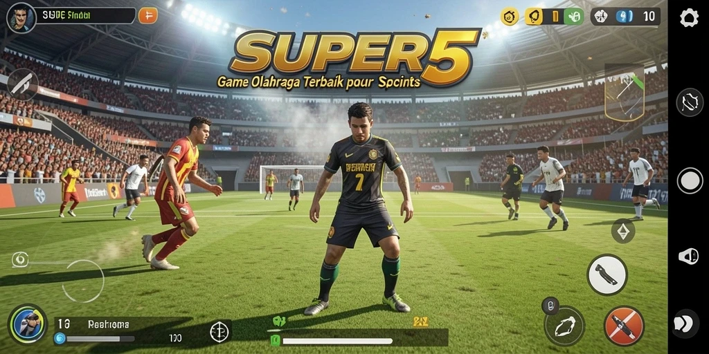 Gameplay SUPER5 yang menampilkan aksi pertandingan olahraga yang seru.