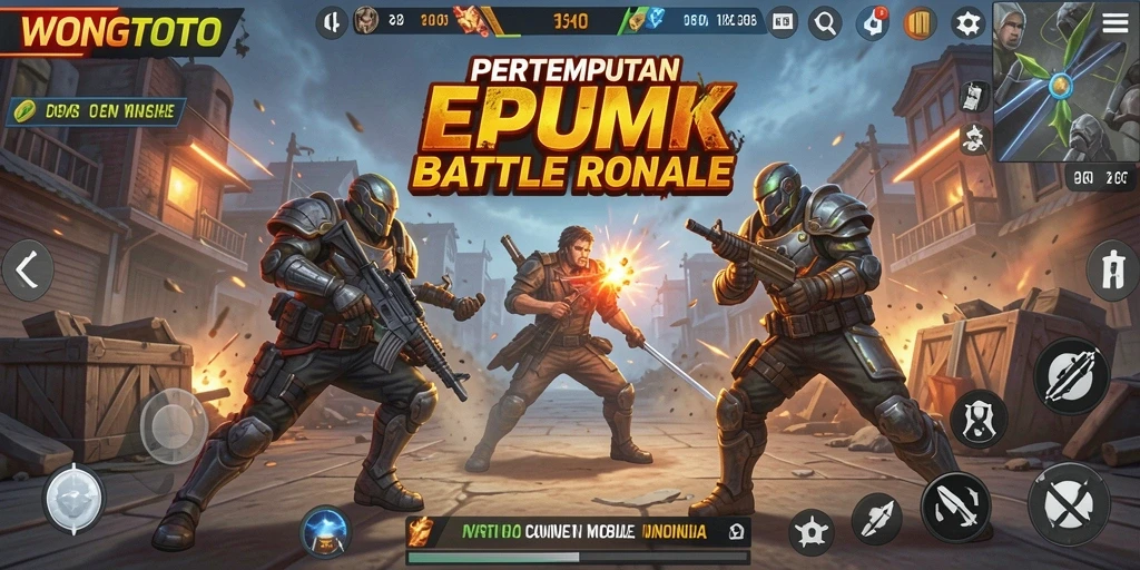 Screenshot utama gameplay WONGTOTO menampilkan pertempuran seru di arena Battle Royale.