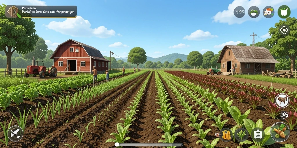 Tampilan gameplay Y89 yang menampilkan ladang pertanian yang hijau dan subur.